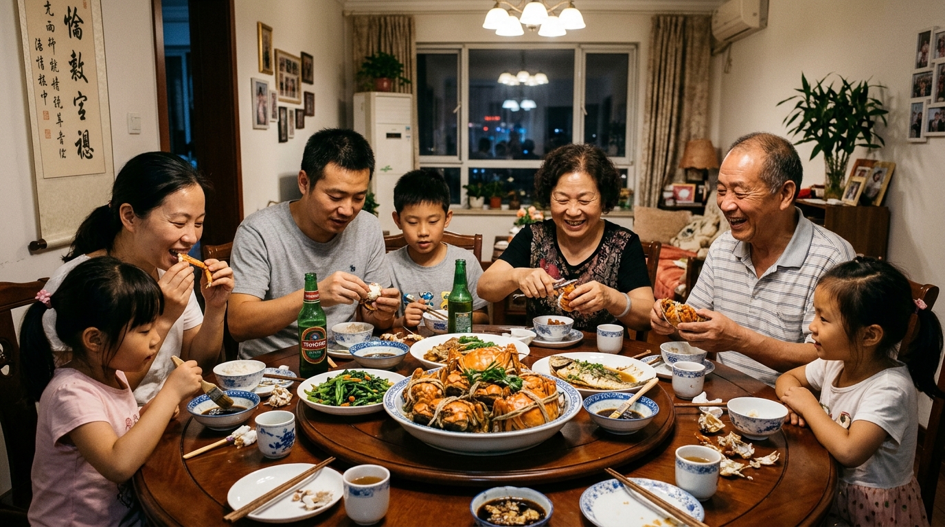 Famille chinoise dégustant des crabes poilus lors d'un repas festif