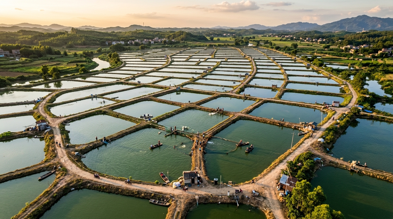 Ferme aquacole de crabes poilus en Chine vue du ciel