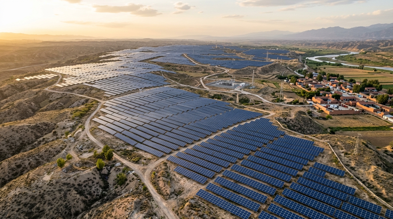 Ferme solaire dans un pays en développement vue du ciel