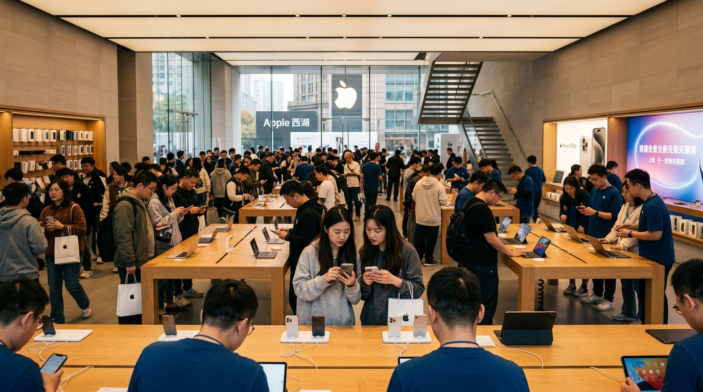 Foule dans un Apple Store de Nanning, Chine