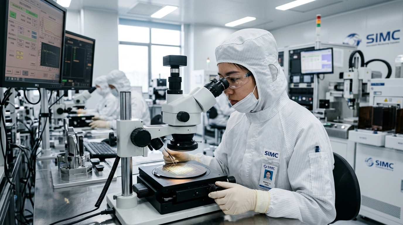 Ingénieur chinois en salle blanche inspectant un wafer de semi-conducteur