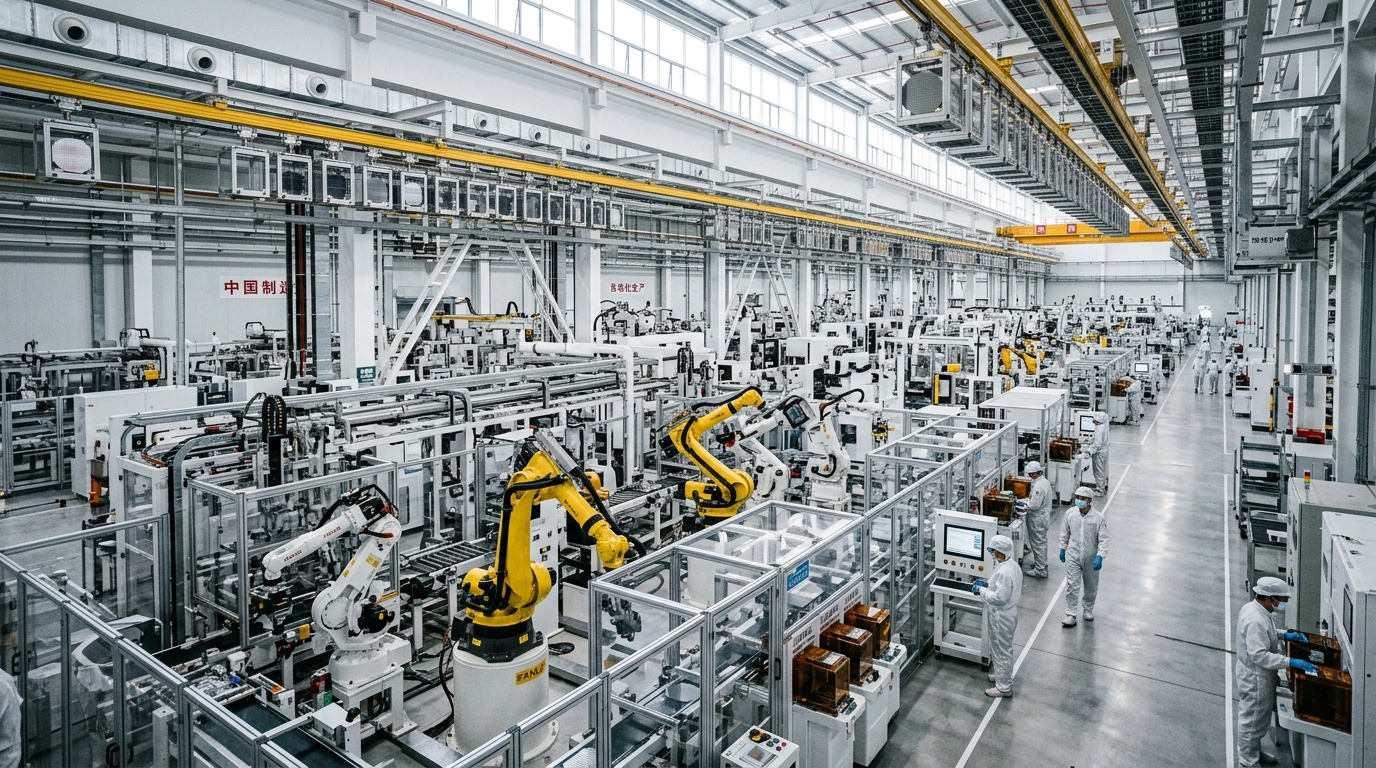 Intérieur d'une usine de puces automatisée avec bras robotiques