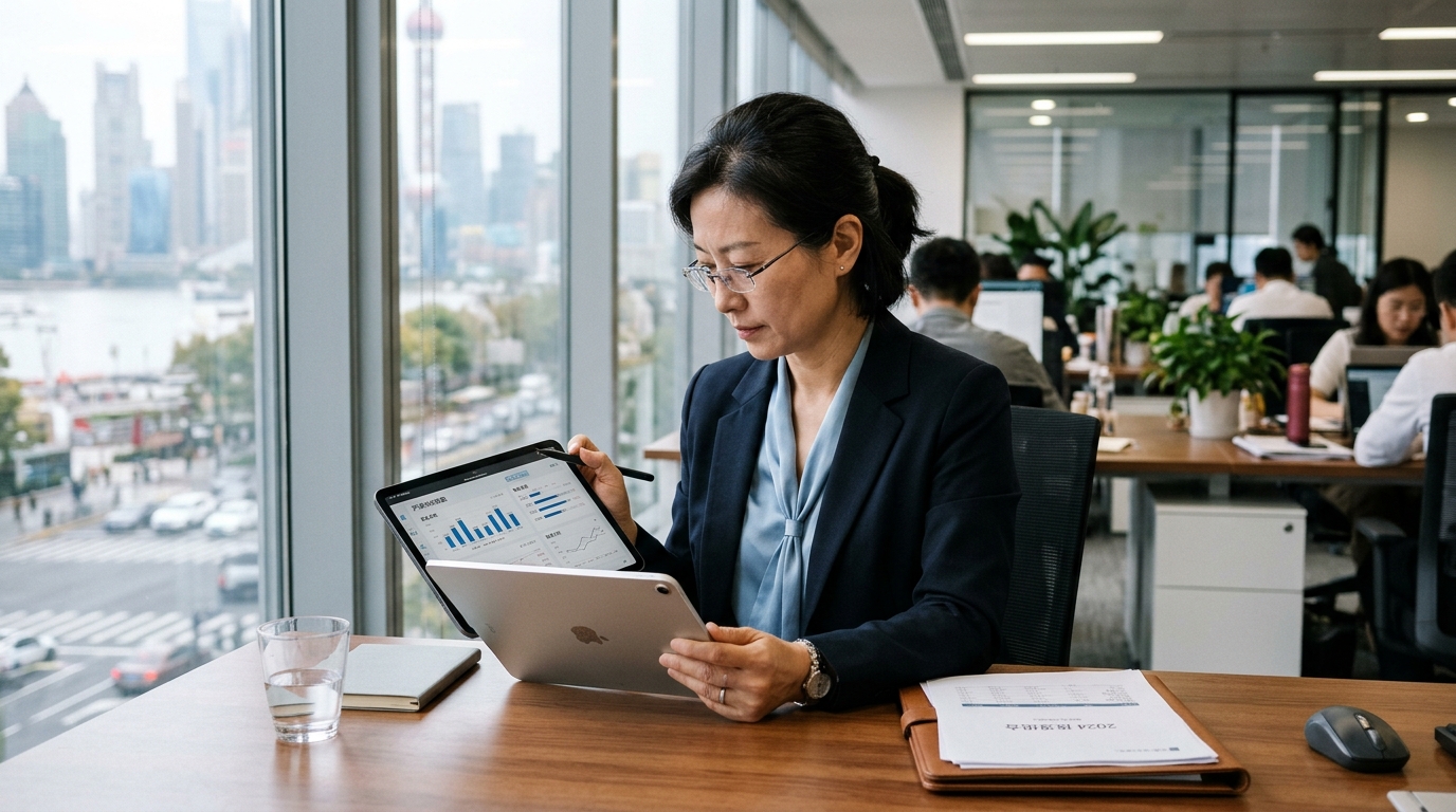 Investisseur chinois analysant des produits financiers offshore sur tablette
