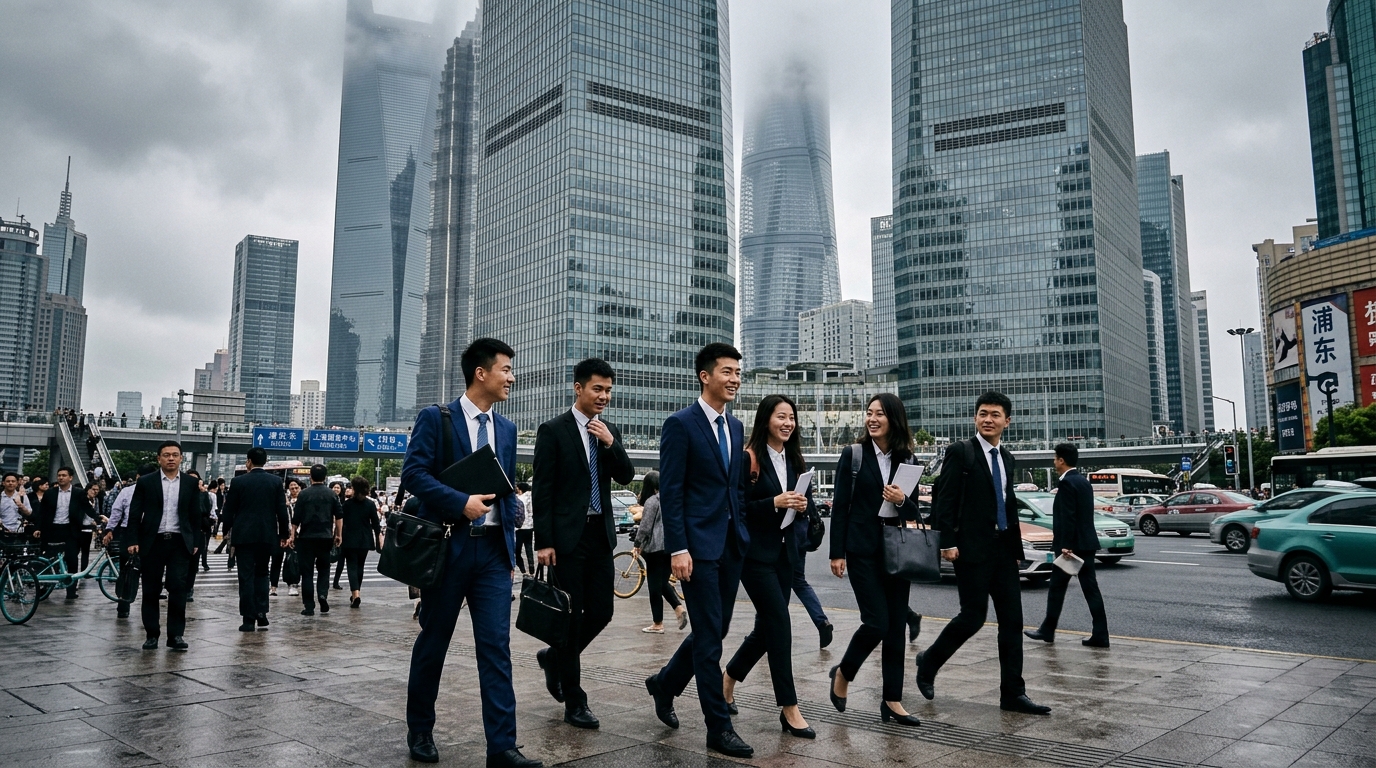 Jeunes diplômés chinois devant un immeuble de bureaux à Shanghai