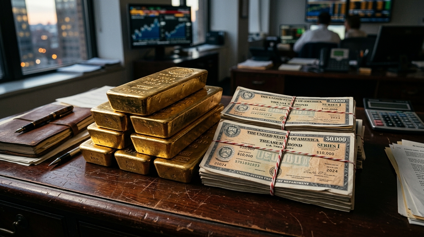 Lingots d'or et obligations du Trésor américain sur un bureau