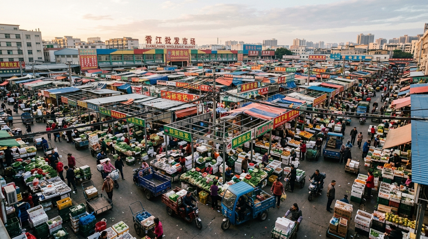 Marché de gros chinois à l'aube avec des vendeurs et des marchandises