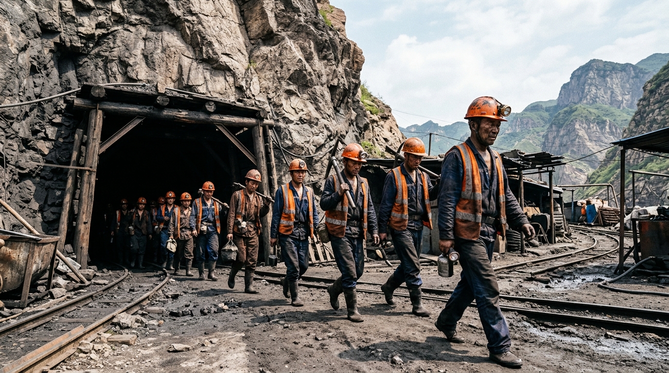 Mineurs de charbon sortant d'une mine dans la province du Shanxi en Chine