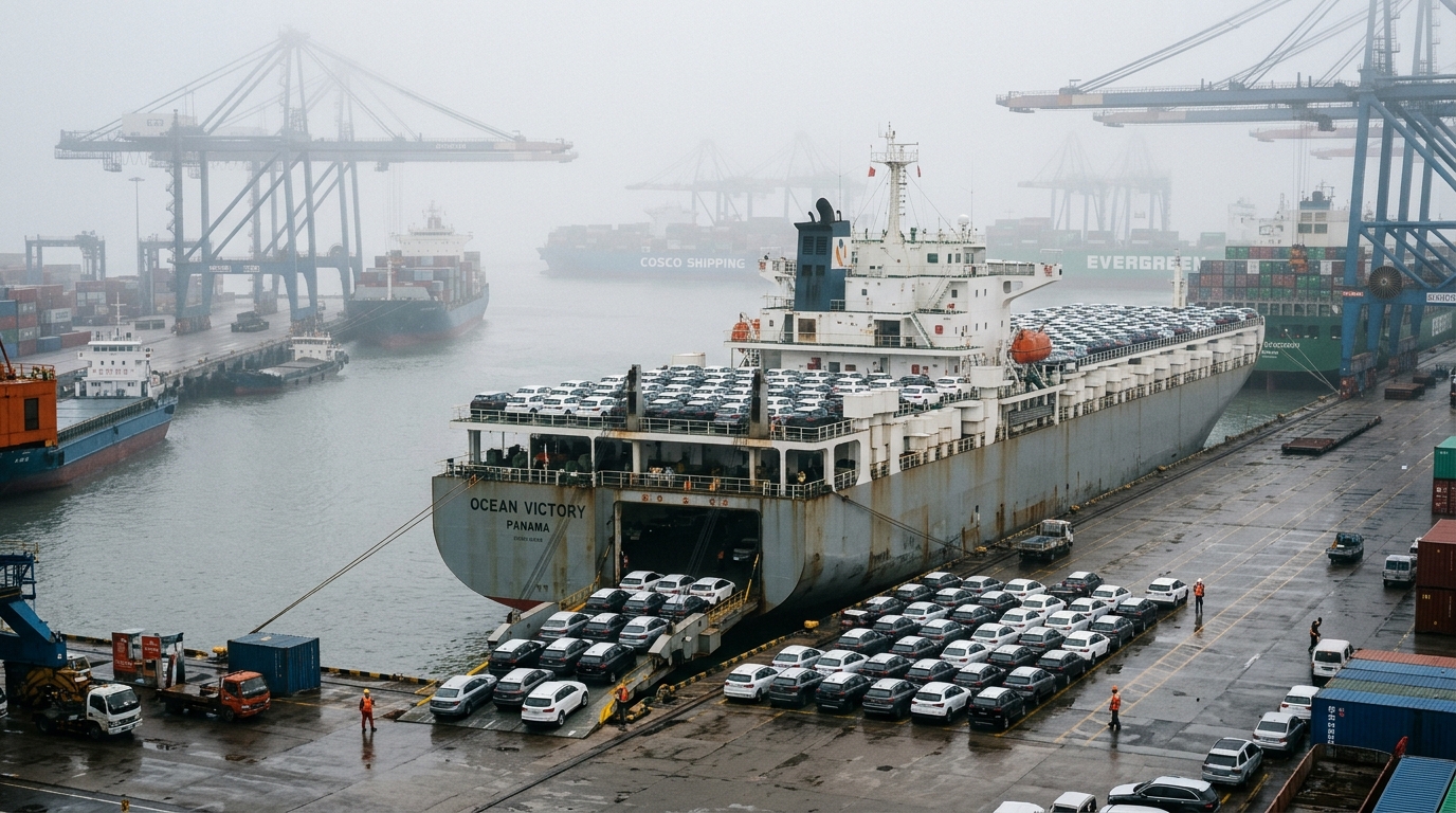 Navires chargés de voitures dans un port d'exportation chinois