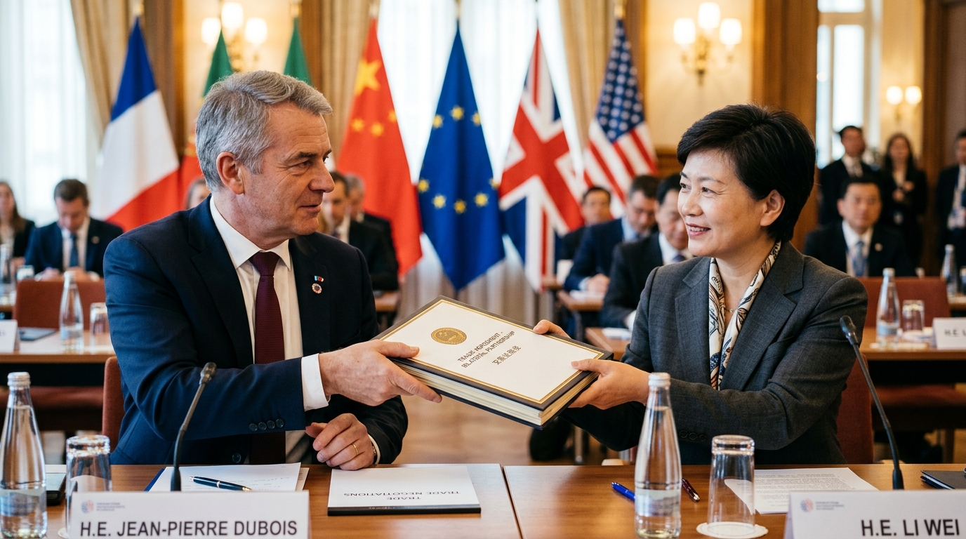 Négociateurs commerciaux échangeant des documents lors d'une réunion diplomatique