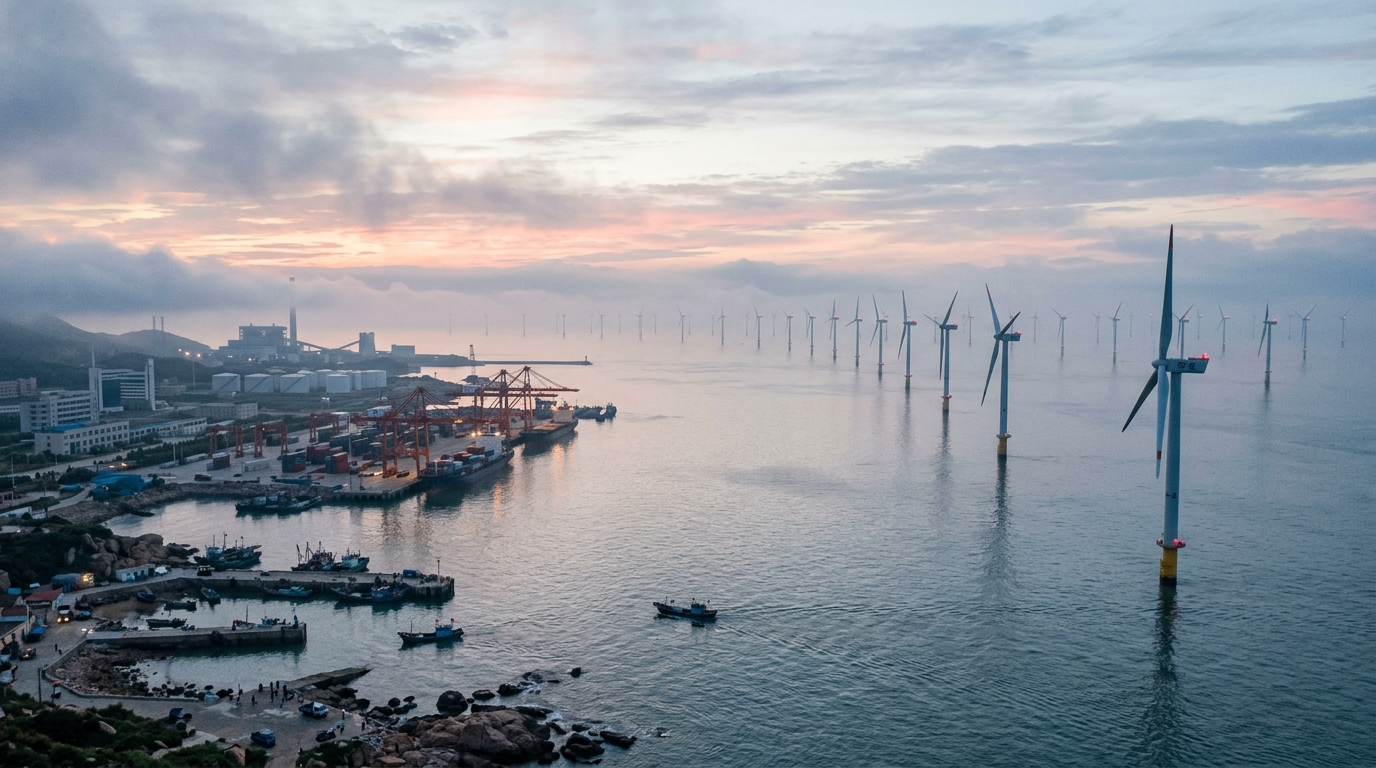 Parc éolien offshore sur le littoral chinois à l'aube