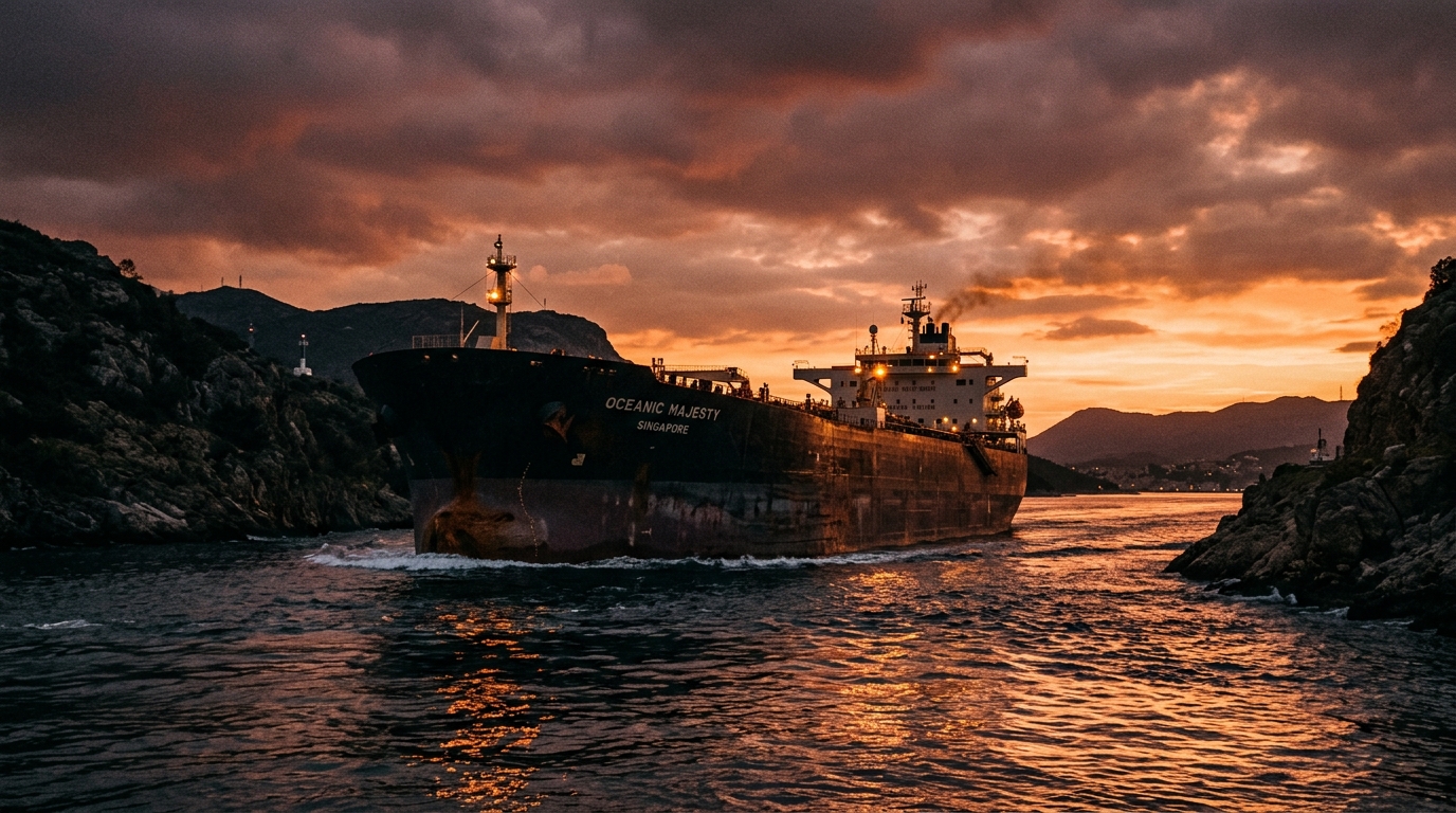 Pétrolier traversant un détroit pétrolier stratégique au coucher du soleil