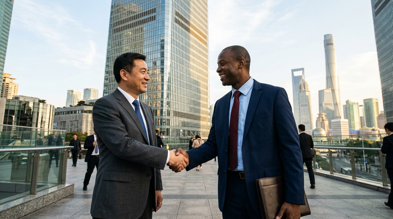 Poignée de main entre dirigeants dans le quartier financier de Pudong à Shanghai