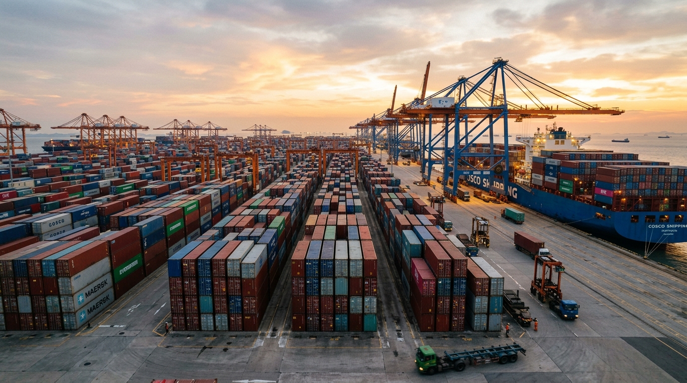 Port à conteneurs chinois à l'aube avec grues et conteneurs colorés