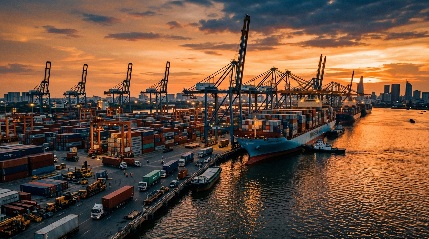 Port de fret vietnamien avec grues à conteneurs au coucher du soleil