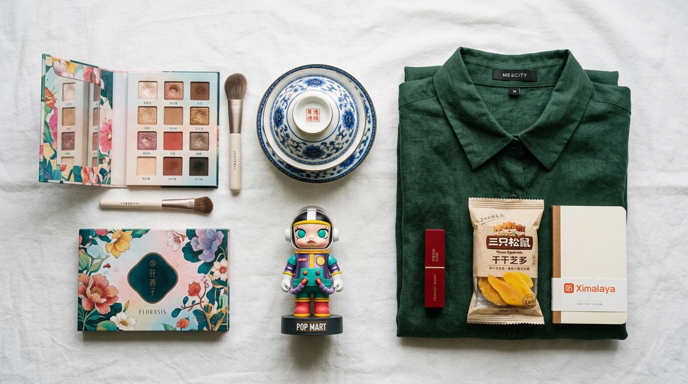 Produits achetés en Chine lors d'un China haul : cosmétiques, céramiques et figurines