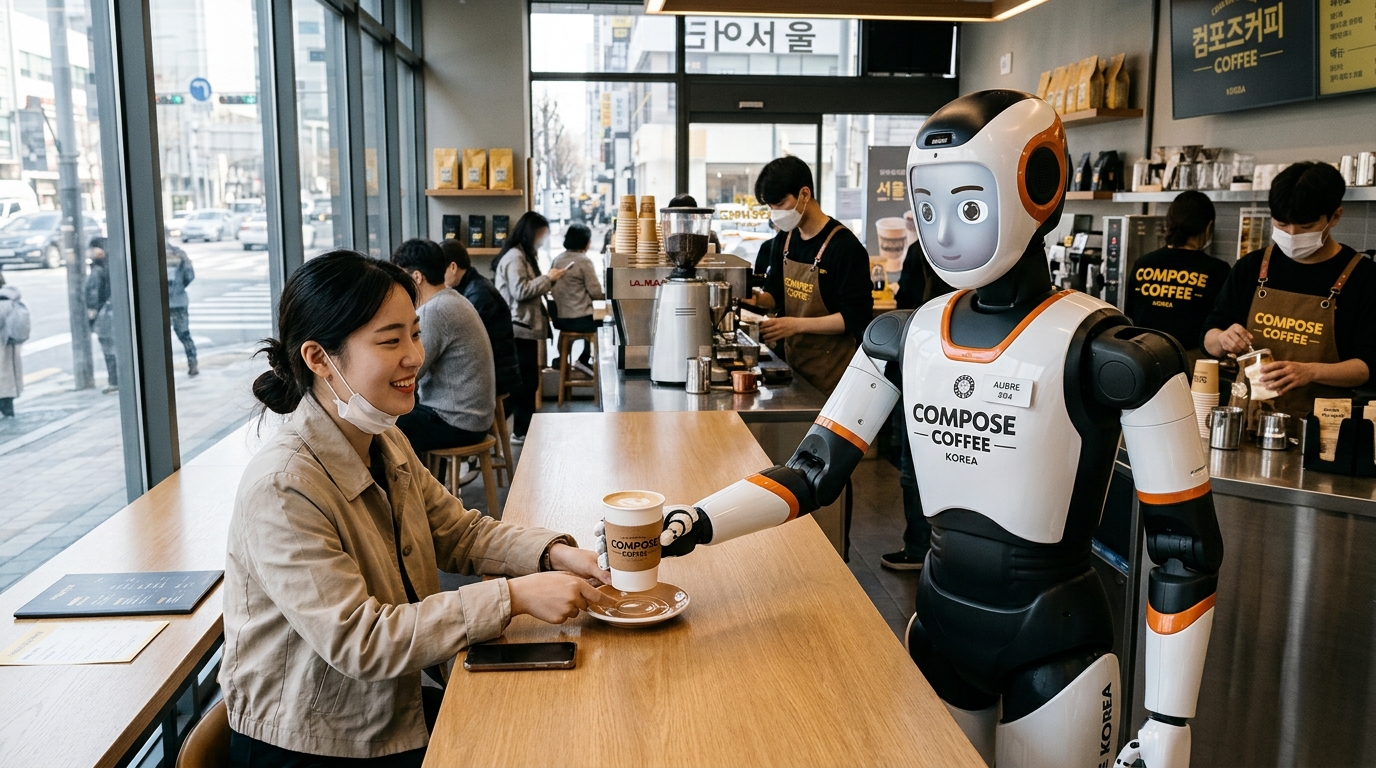 Robot humanoïde servant du café dans un café coréen