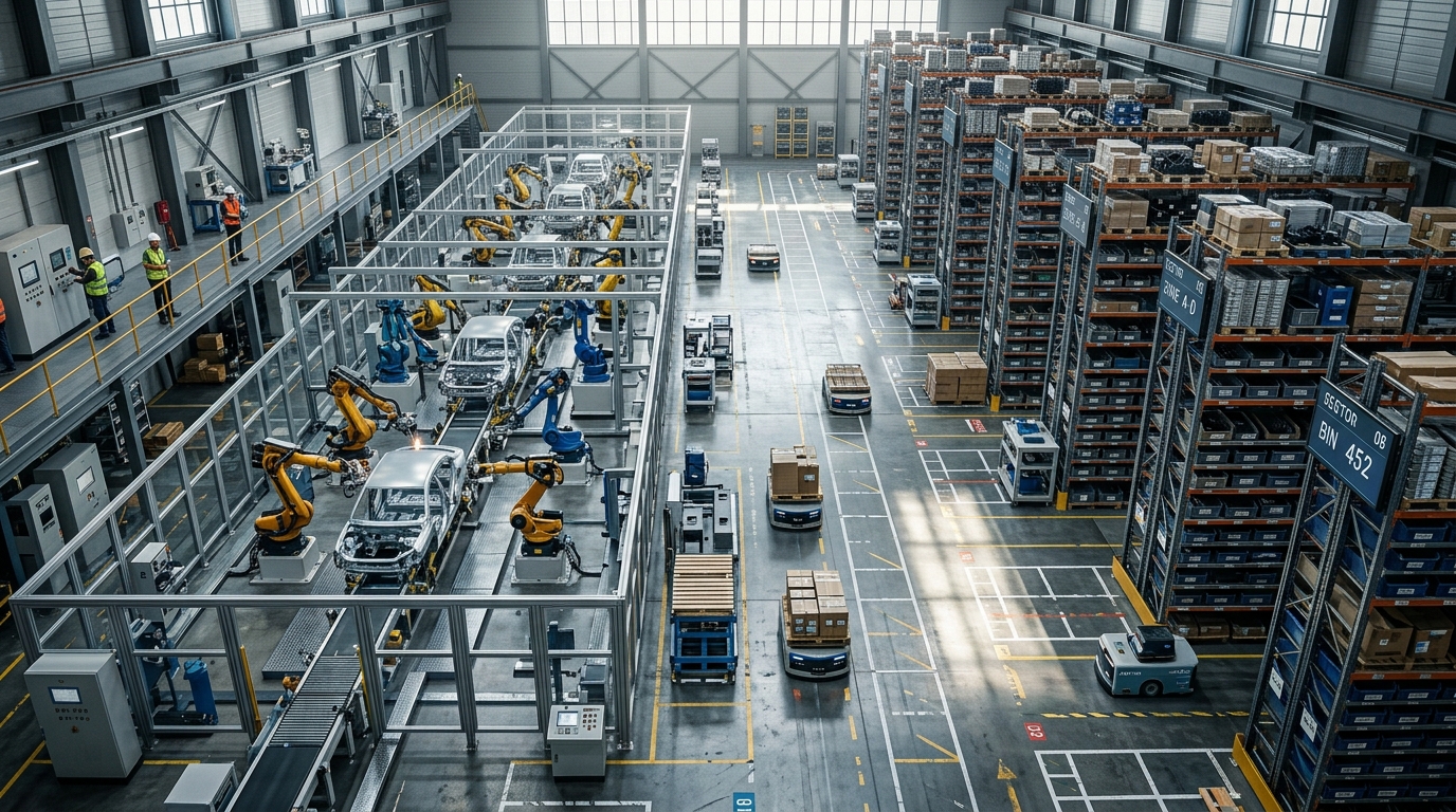 Robots autonomes dans une usine utilisant l'IA physique