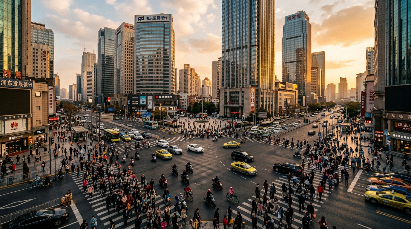 Rue animée de Shanghai avec des bureaux et des employés en déplacement