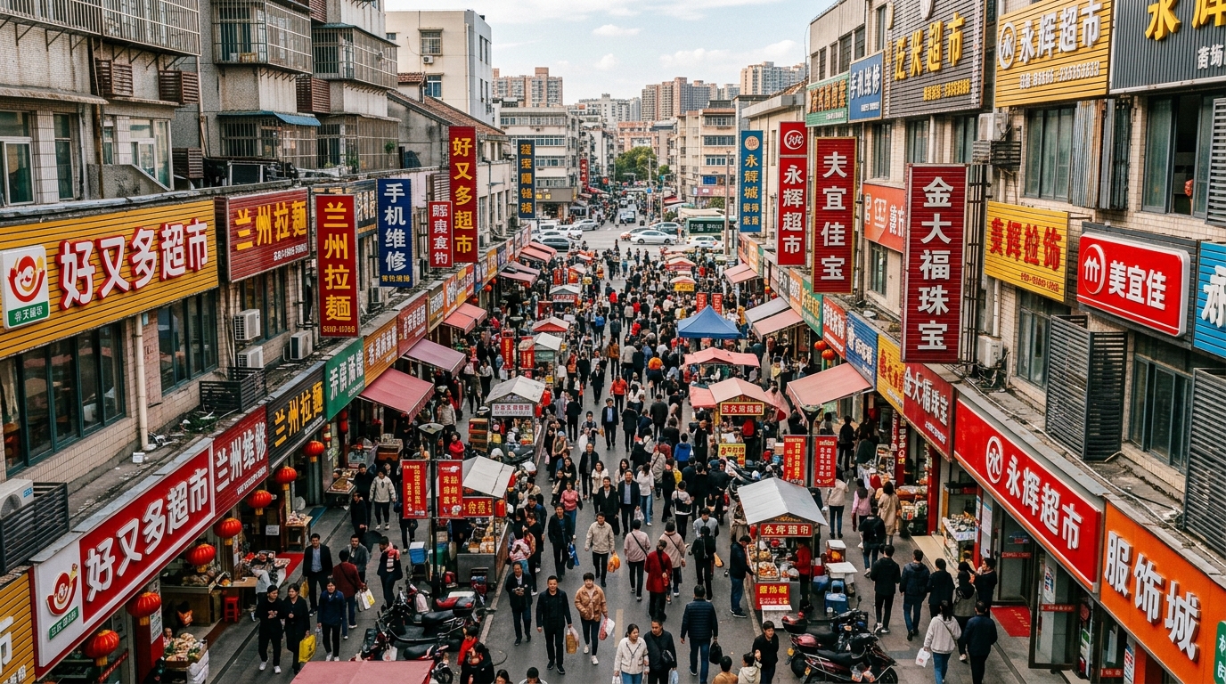 Rue commerçante animée dans une ville chinoise