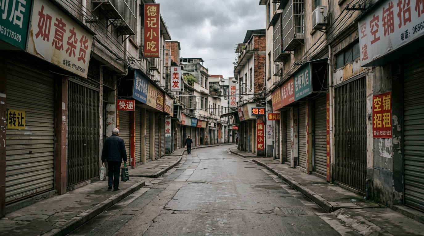 Rue commerçante chinoise peu fréquentée illustrant la faiblesse de la consommation intérieure