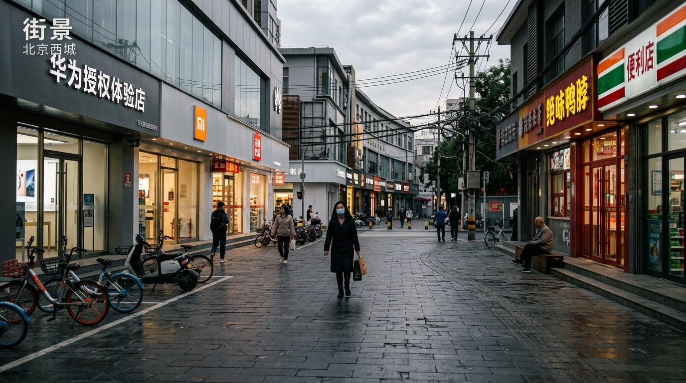 Rue commerçante chinoise peu fréquentée illustrant la faiblesse de la consommation