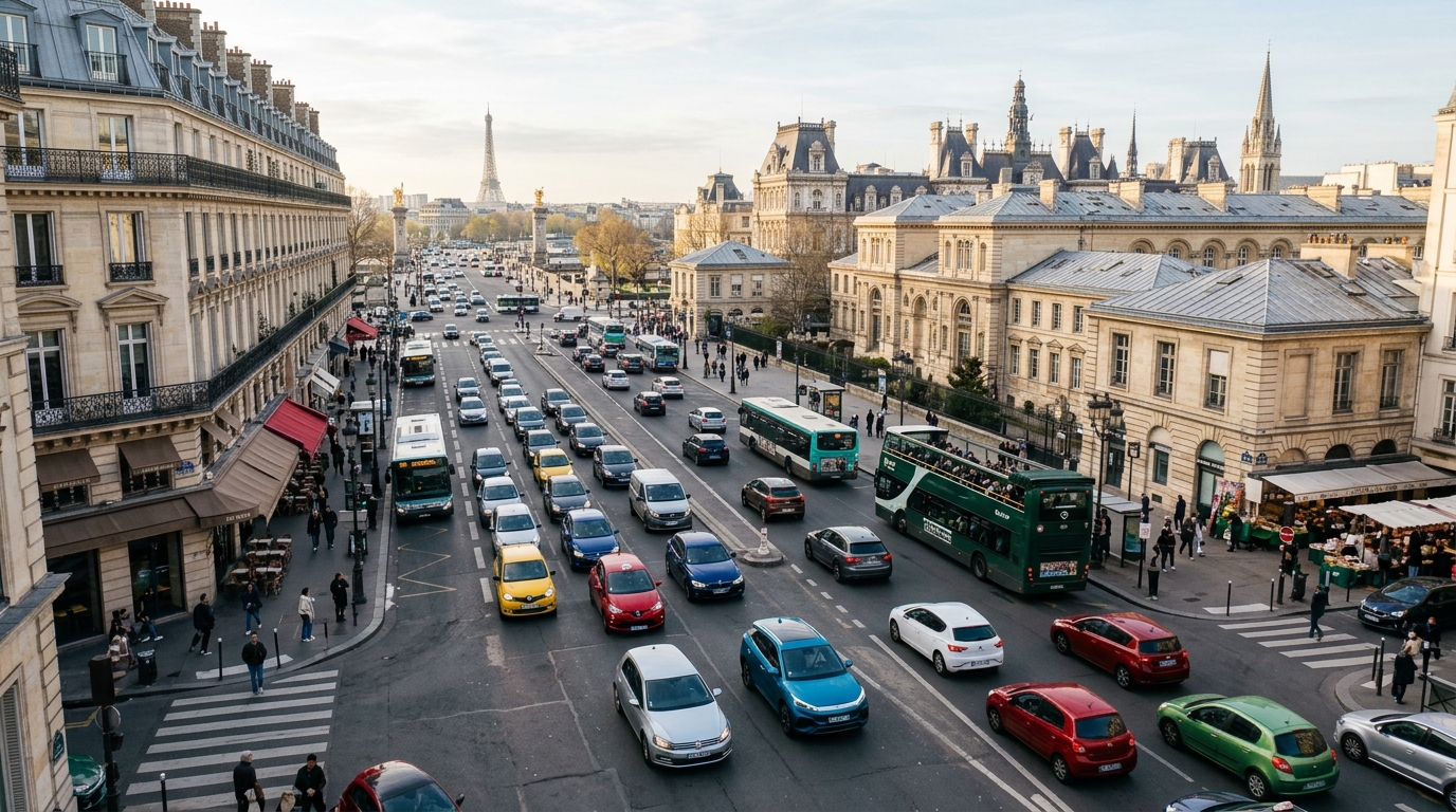 Rue européenne avec voitures chinoises et européennes en circulation
