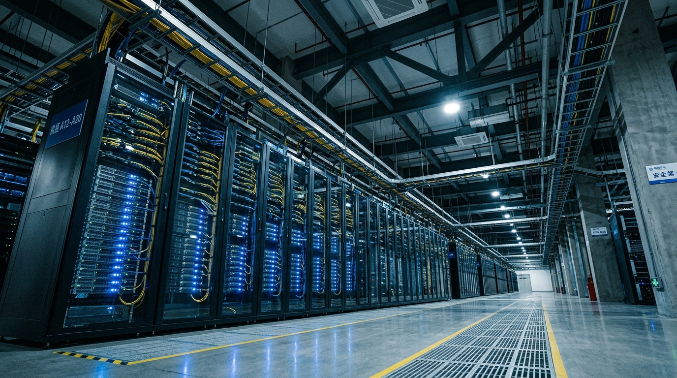 Salle de data center avec des rangées de serveurs éclairés en bleu