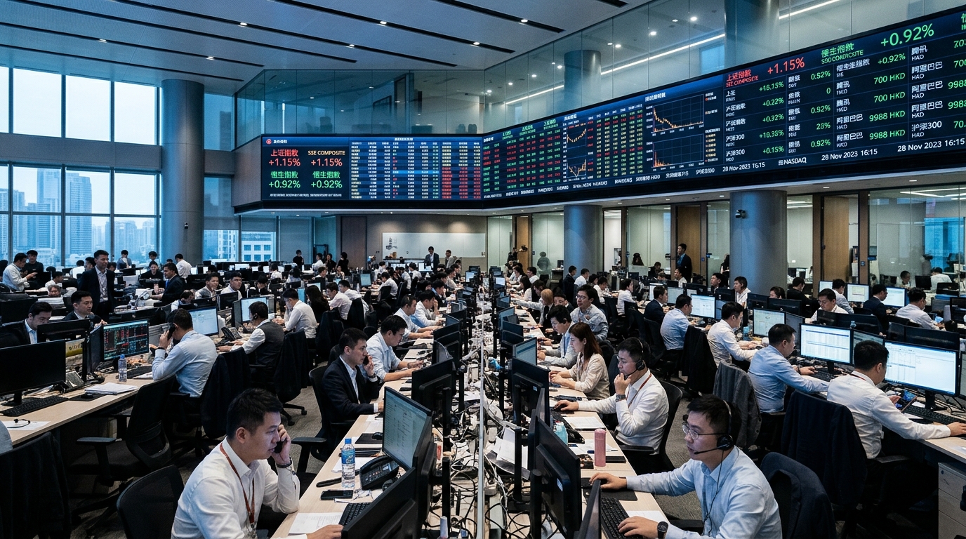Salle de marché d'une bourse asiatique avec données financières en yuan