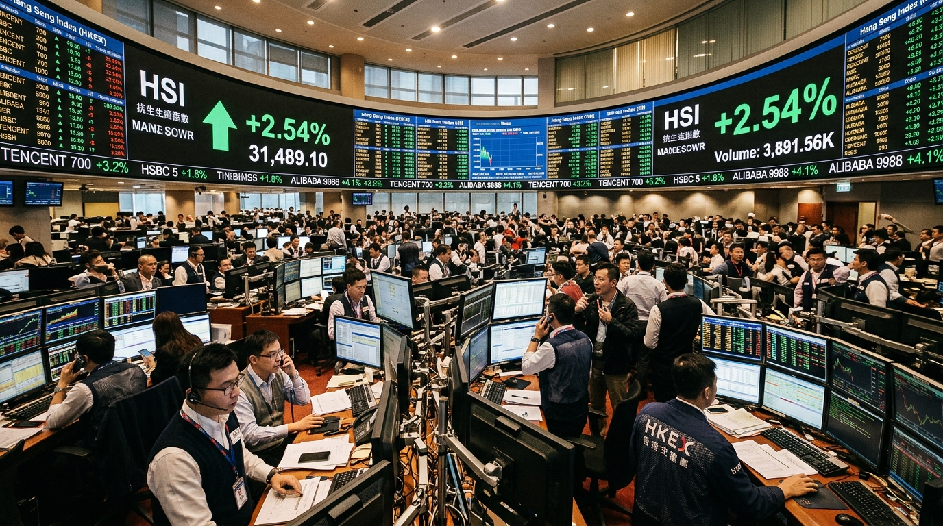 Salle de marché de la Bourse de Hong Kong avec écrans affichant des cours en hausse