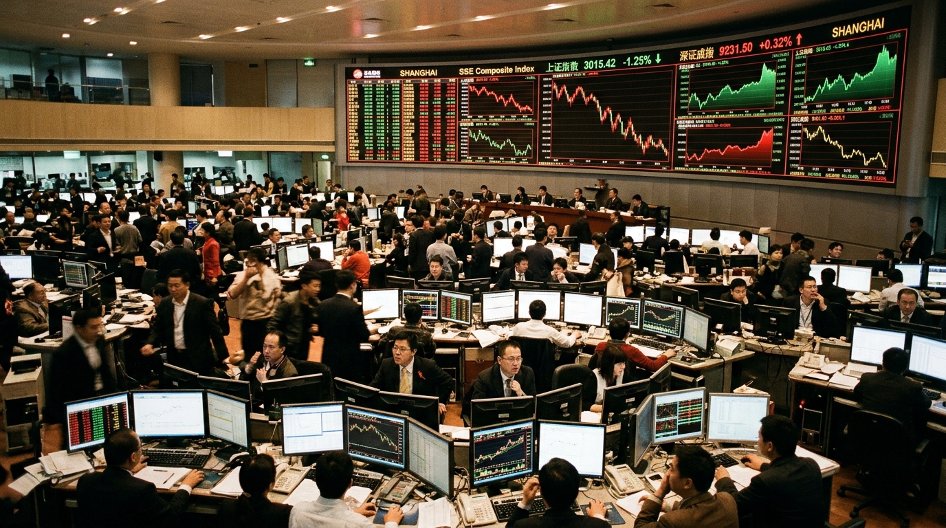 Salle de trading à la Bourse de Shanghai avec des cours en temps réel