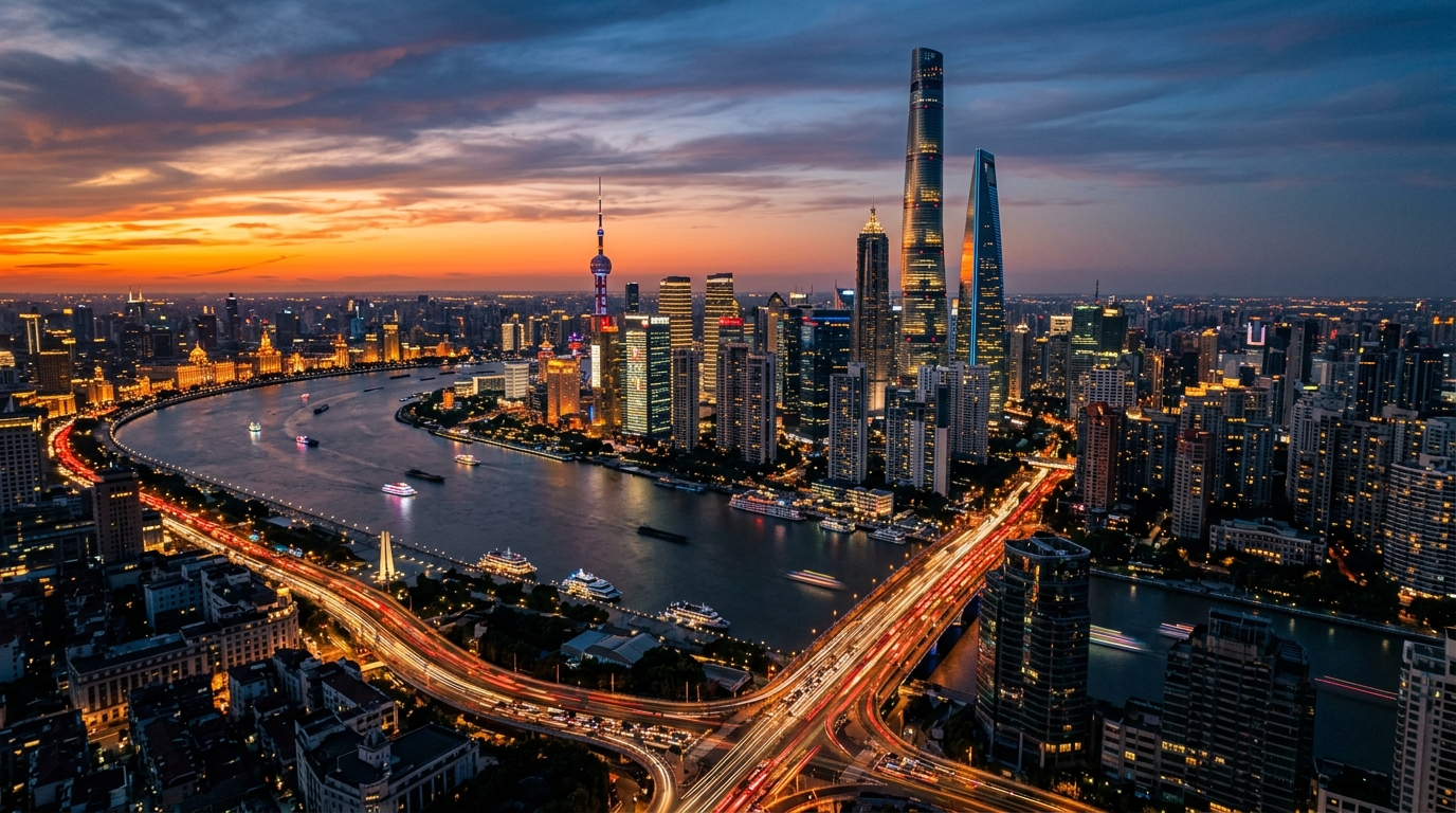 Skyline du quartier financier de Pudong à Shanghai au crépuscule