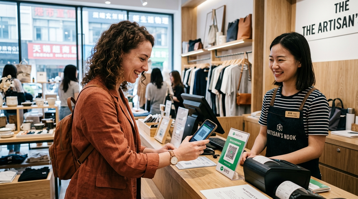 Touriste payant par QR code dans une boutique chinoise