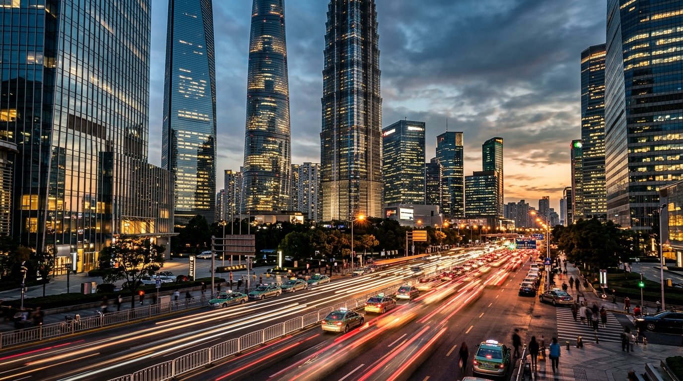 Tours financières du quartier de Pudong à Shanghai au crépuscule