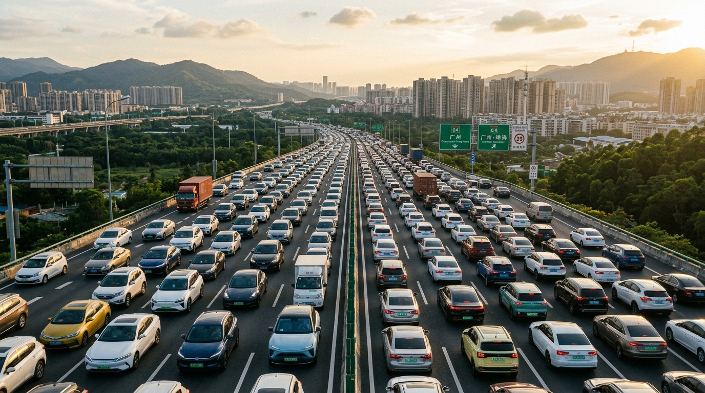 Trafic dense sur une autoroute chinoise pendant la Golden Week avec de nombreux véhicules électriques