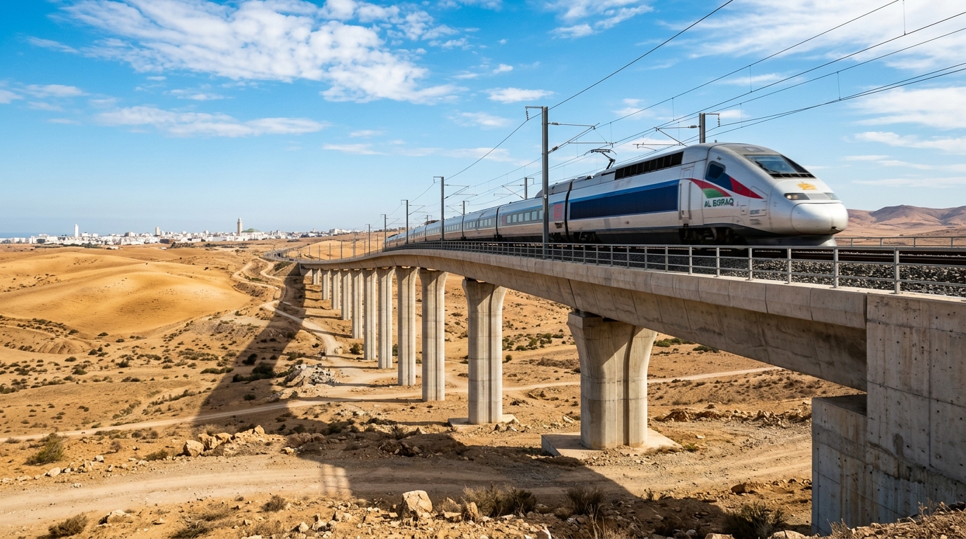 Train à grande vitesse sur une voie ferrée surélevée dans le désert du Golfe