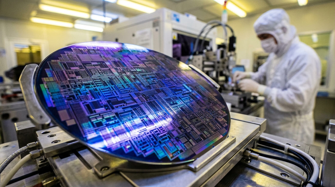 Tranche de silicium avec circuits nanométriques dans une salle blanche