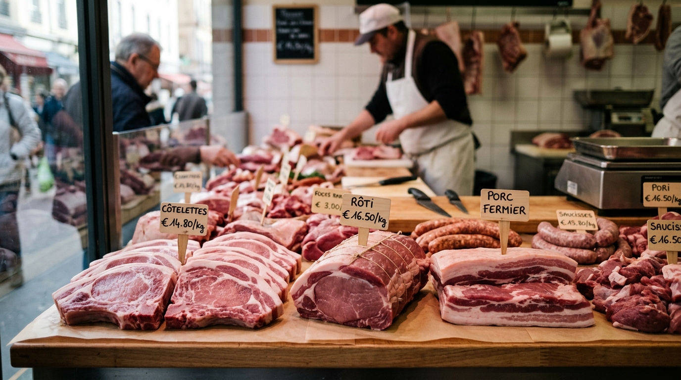 Viande de porc fraîche sur l'étal d'une boucherie européenne