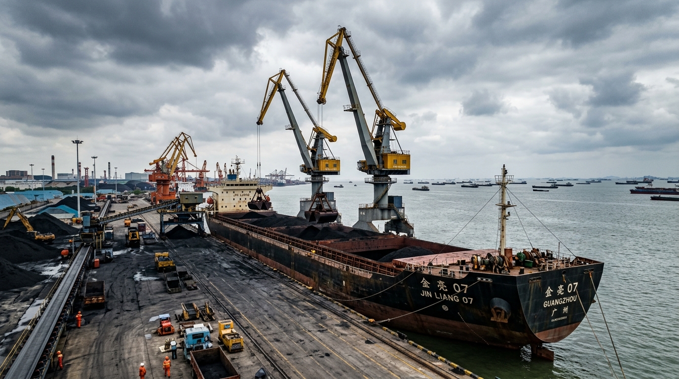 Vraquier chargé de charbon au port en Chine