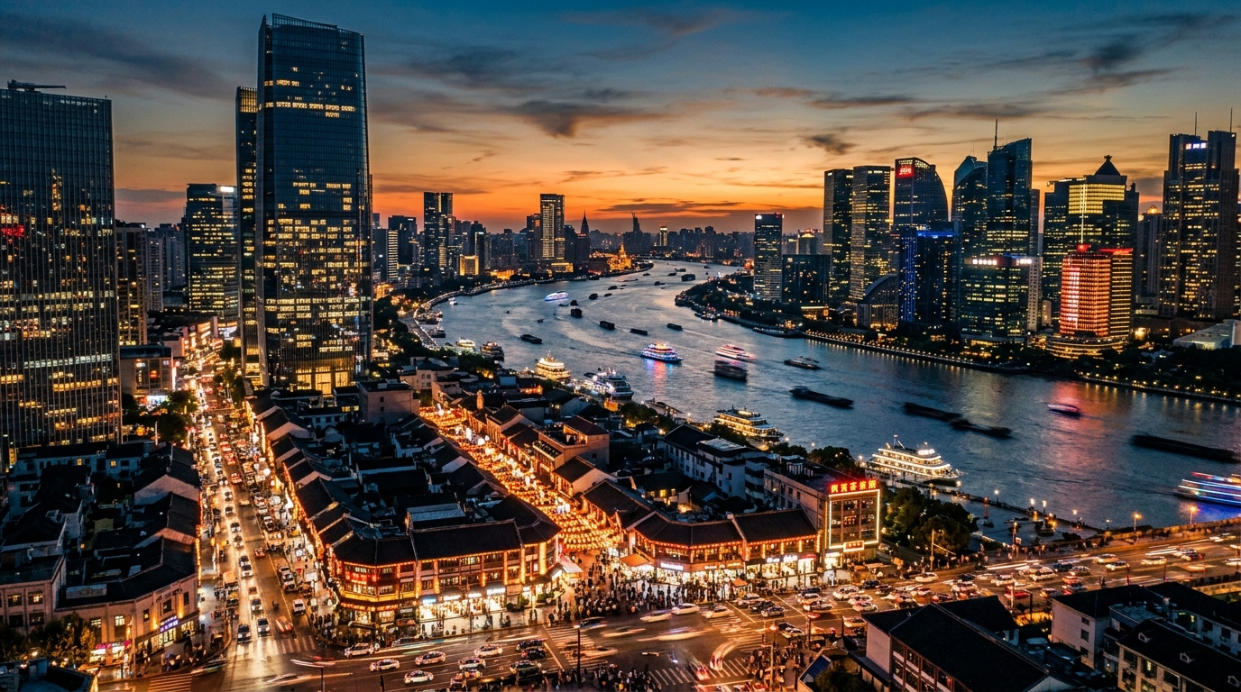Vue aérienne d'un quartier commercial chinois au crépuscule