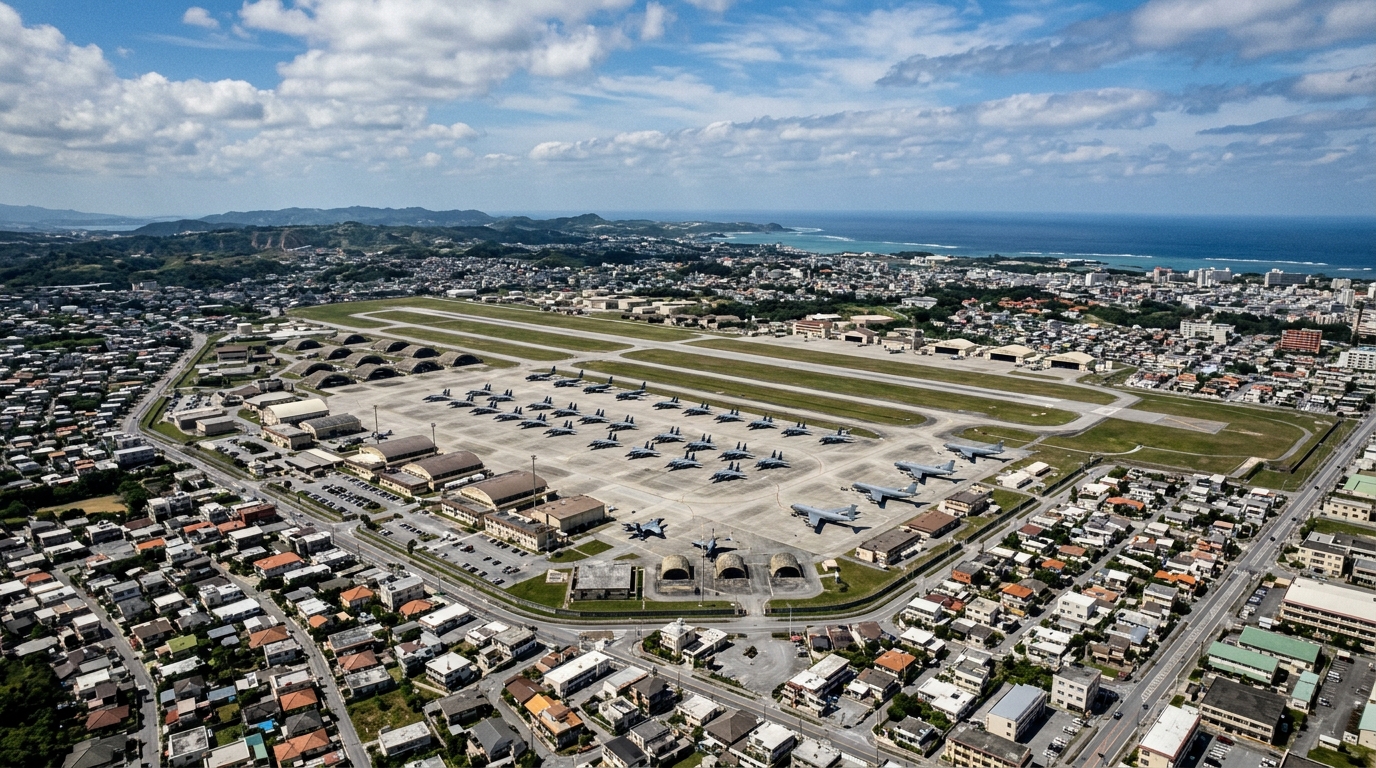 Vue aérienne de la base aérienne de Kadena à Okinawa, Japon