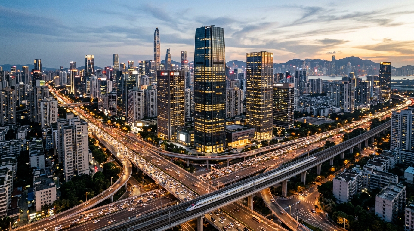 Vue aérienne du quartier d'affaires de Shenzhen au crépuscule